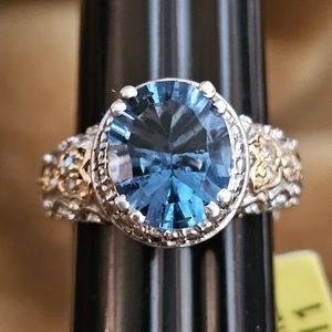 Sz 7, Belgian Teal Fluorite, White Topaz, 925 Silver, 14K YG & Platinum Overlay